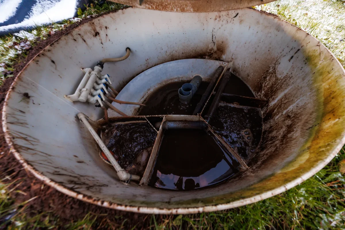 Open domestic wastewater treatment tank showing internal baffles and pipework