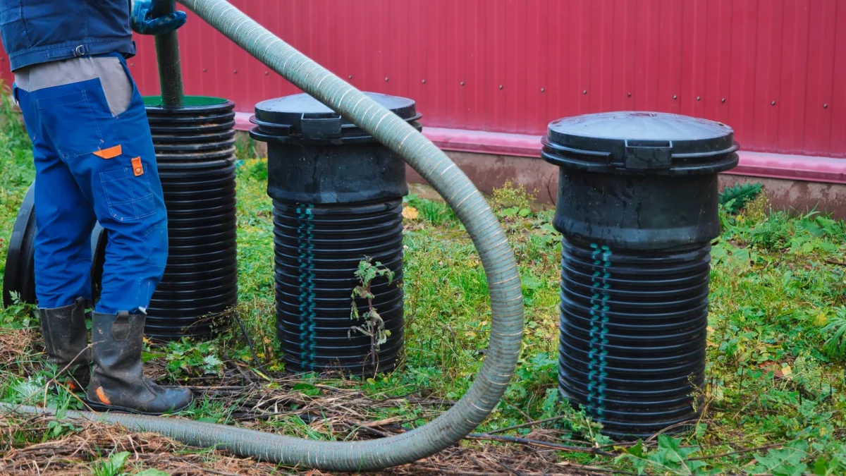 Septic service worker using a suction hose beside underground tank access risers