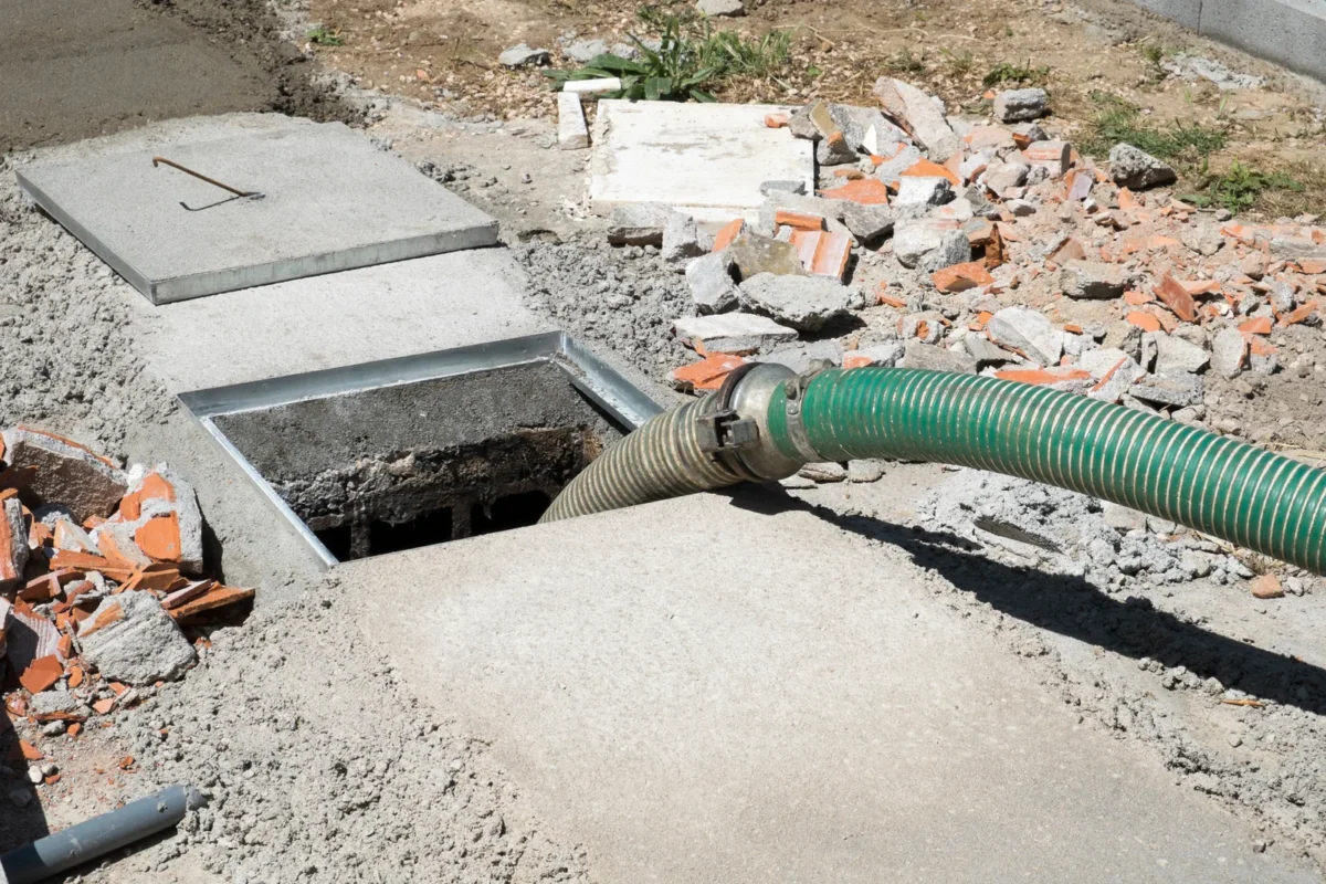 Suction hose entering an open underground wastewater chamber